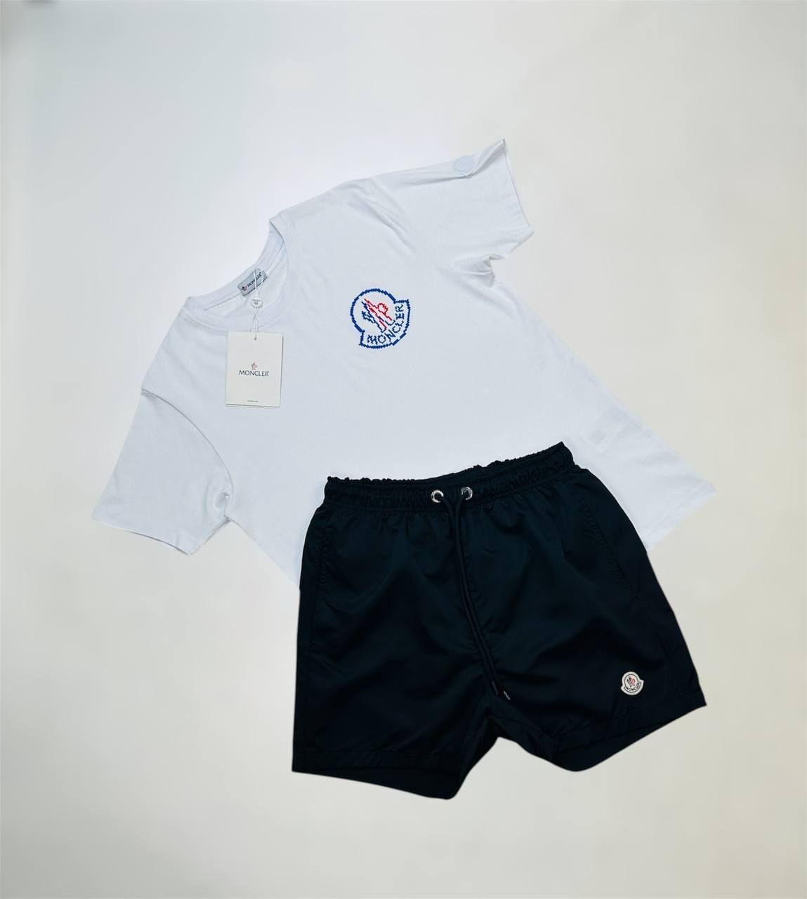 Moncler Logo Print Crew Neck T-Shirt & Shorts Set white t-shirt with black short