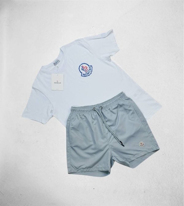 Moncler Logo Print Crew Neck T-Shirt & Shorts Set white t-shirt with grey short Moncler Logo Print Crew Neck T-Shirt & Shorts Set white t-shirt with grey short