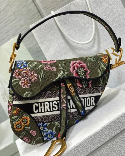 Dior Saddle Bag Knockoff in Green Multicolor Dior Petites Fleurs Embroidery