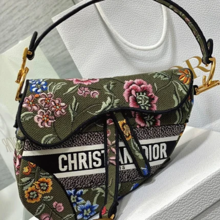 Dior Saddle Bag Knockoff in Green Multicolor Dior Petites Fleurs Embroidery