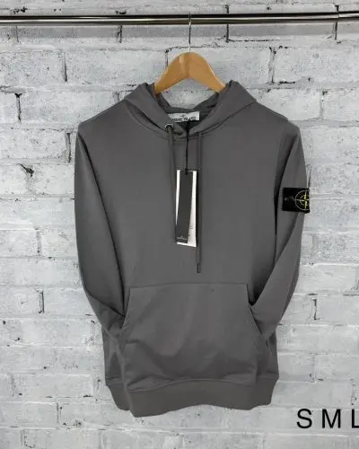 Stone Island Men's Brushed Cotton Fleece Premium Quality Grey Hoodie