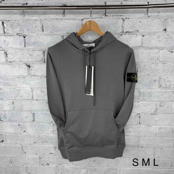 Stone Island Men's Brushed Cotton Fleece Premium Quality Grey Hoodie