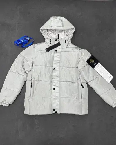 Stone Island Men's Hooded Nylon Down AAA Quality Jacket light Grey Color