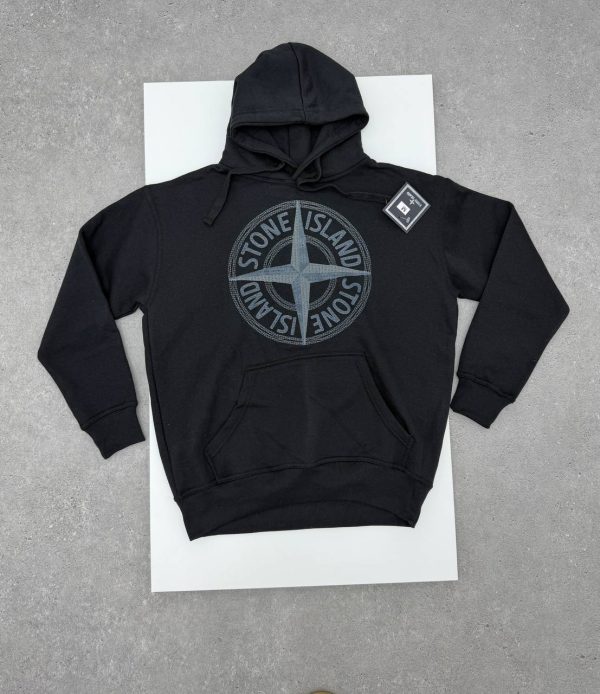 Stone Island Men's Logo Fleece Thick Cotton Graphic Pullover 1-1 Hoodie Black Stone Island Men's Logo Fleece Thick Cotton Graphic Pullover 1-1 Hoodie Black