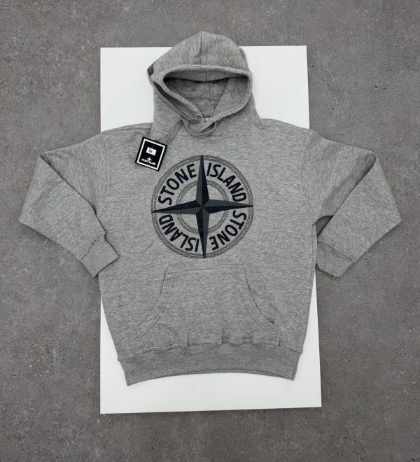 Stone Island Men's Logo Fleece Thick Cotton Graphic Pullover 1-1 Hoodie Light Grey Stone Island Men's Logo Fleece Thick Cotton Graphic Pullover 1-1 Hoodie Light Grey