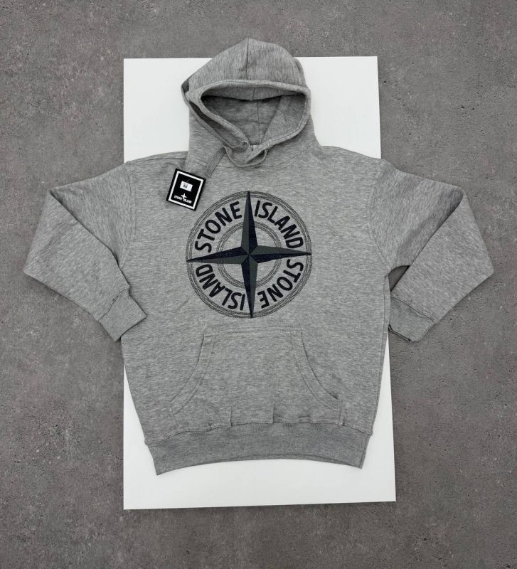 Stone Island Men's Logo Fleece Thick Cotton Graphic Pullover 1-1 Hoodie Light Grey