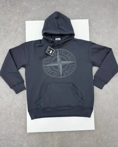 Stone Island Men's Logo Fleece Thick Cotton Graphic Pullover 1-1 Hoodie Dark Grey