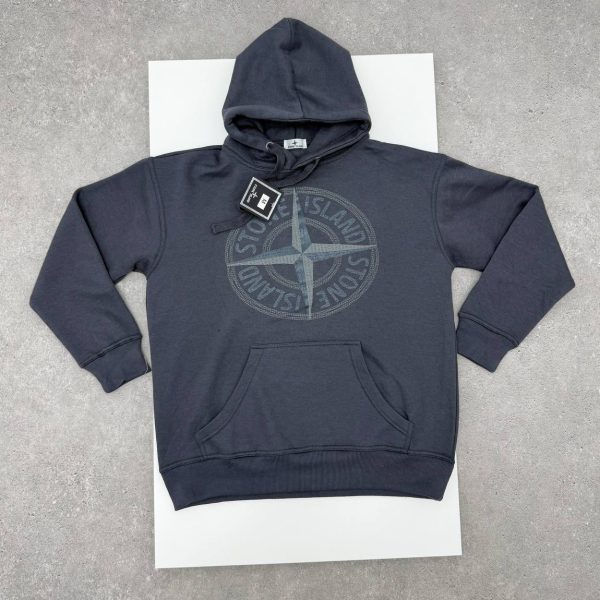 Stone Island Men's Logo Fleece Thick Cotton Graphic Pullover 1-1 Hoodie Dark Grey