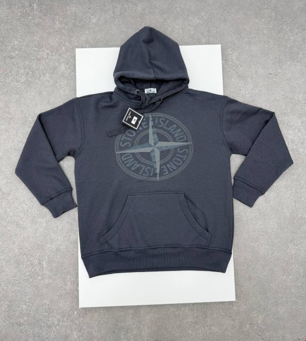 Stone Island Men's Logo Fleece Thick Cotton Graphic Pullover 1-1 Hoodie Dark Grey Stone Island Men's Logo Fleece Thick Cotton Graphic Pullover 1-1 Hoodie Dark Grey