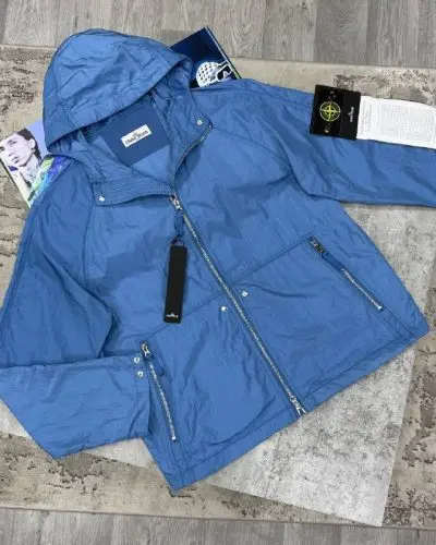 Stone Island Men's Luxury Crinkle Nylon Hooded Windbreaker Reps Premium Quality Jacket blue