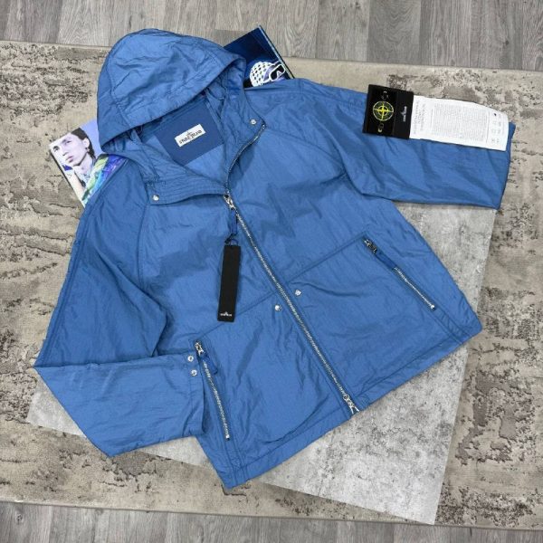 Stone Island Men's Luxury Crinkle Nylon Hooded Windbreaker Reps Premium Quality Jacket blue