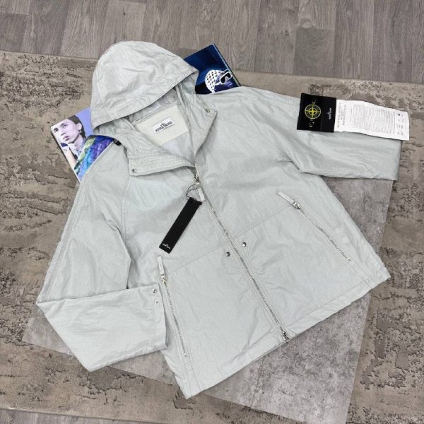 Stone Island Men's Luxury Crinkle Nylon Hooded Windbreaker Reps Premium Quality Jacket light grey Stone Island Men's Luxury Crinkle Nylon Hooded Windbreaker Reps Premium Quality Jacket light grey
