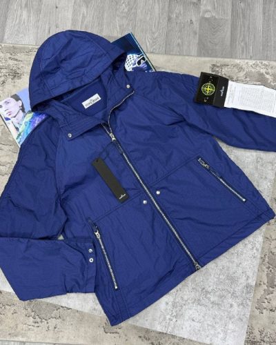 Stone Island Men's Luxury Crinkle Nylon Hooded Windbreaker Reps Premium Quality Jacket Navy Blue