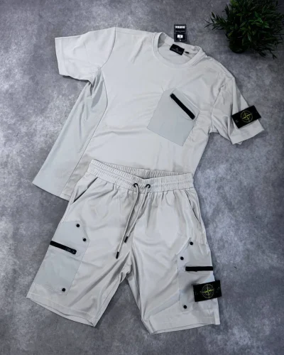 Stone Island Tech Reps AAA Quality T-Shirt & Shorts Set white color