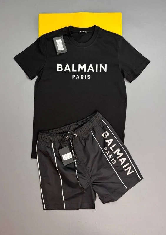 Balmain Paris Graphic Replica T-Shirt and Shorts Set for Men – Black