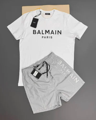 Balmain Paris Graphic Replica T-Shirt and Shorts Set for Men – White
