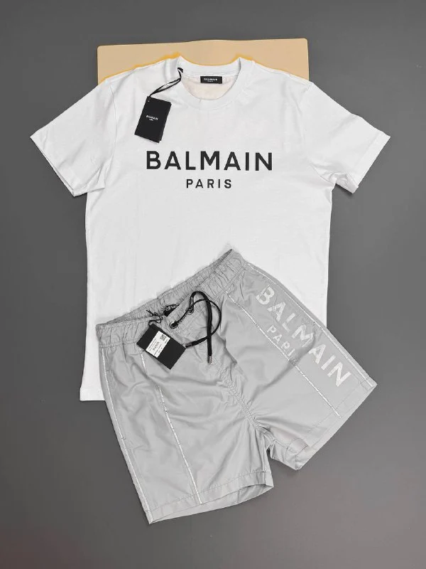 Balmain Paris Graphic Replica T-Shirt and Shorts Set for Men – White