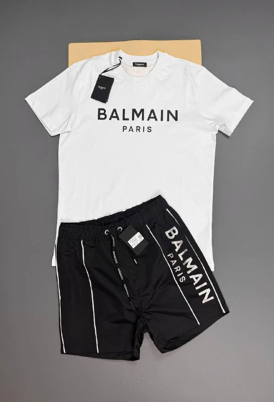Balmain Paris Graphic Replica T-Shirt and Shorts Set for Men – white