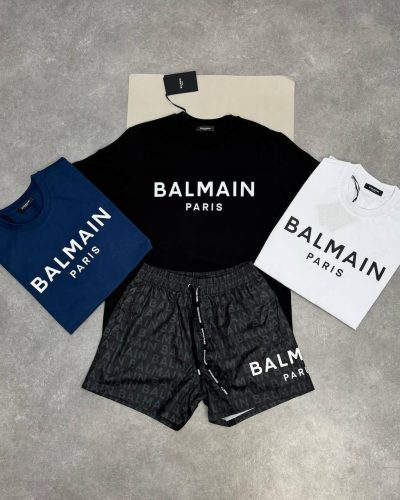 Balmain Round-Neck Embroidered Logo Reps AAA Quality T-Shirt and Shorts Set for Men Balmain Round-Neck Embroidered Logo Reps AAA Quality T-Shirt and Shorts Set for Men