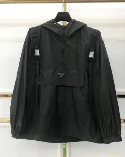 Black Waterproof Hooded Rain Jacket with Zippered Pockets AAA Quailty