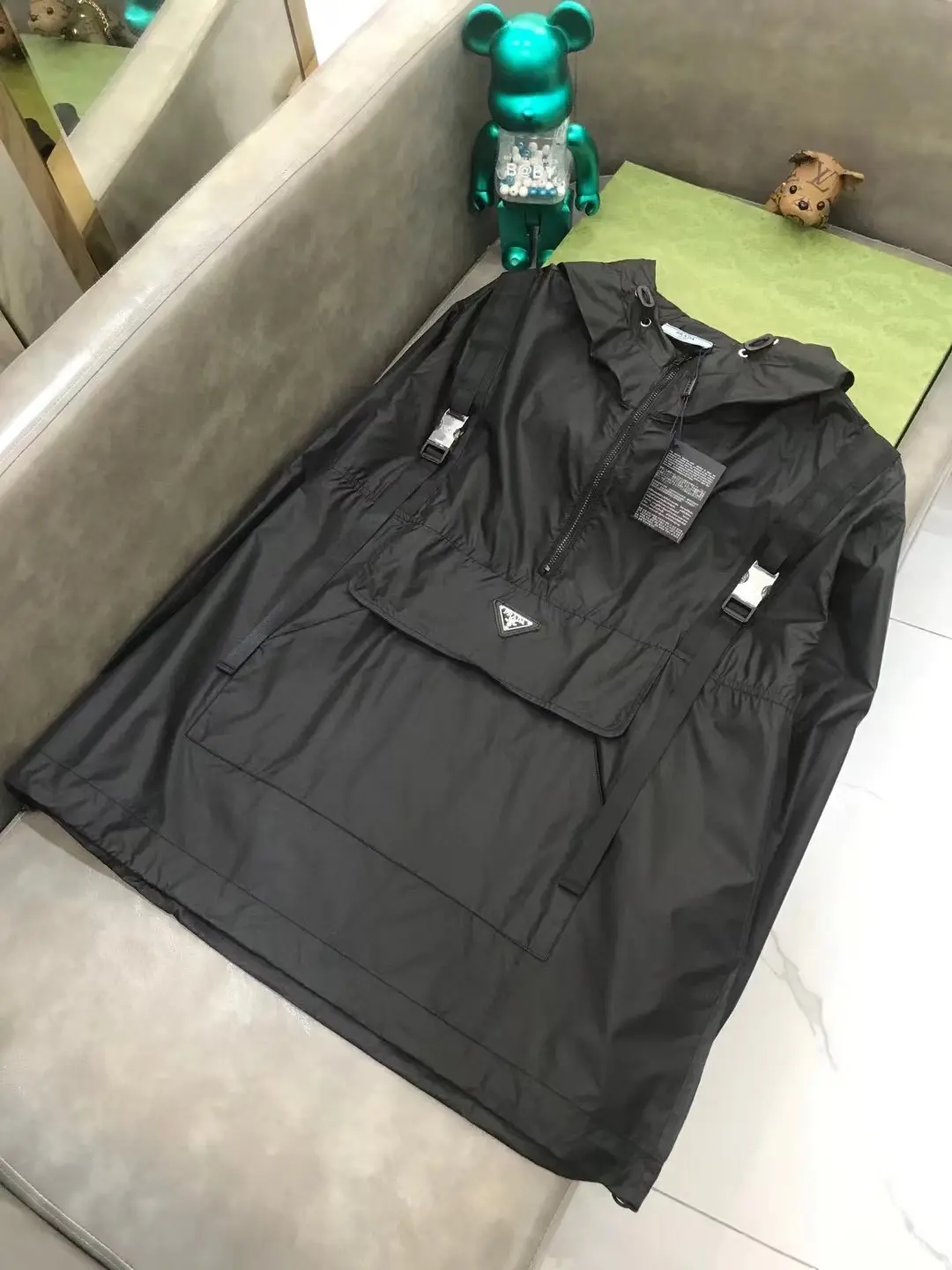 Black Waterproof Hooded Rain Jacket with Zippered Pockets AAA Quailty full veiw