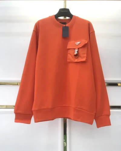 Bright Orange Oversized Knitted Sweatshirt with Chest Pocket and Zipper Detail