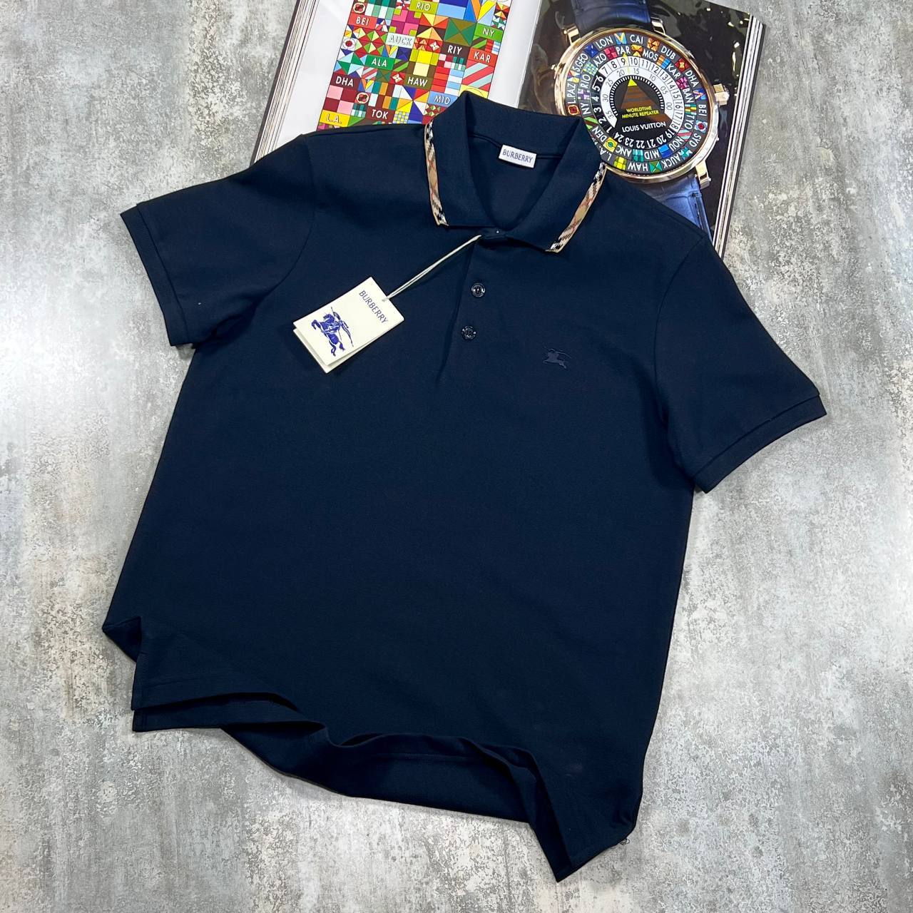 Burberry Check Trim Cotton Piqué Polo Shirt for Men navy blue