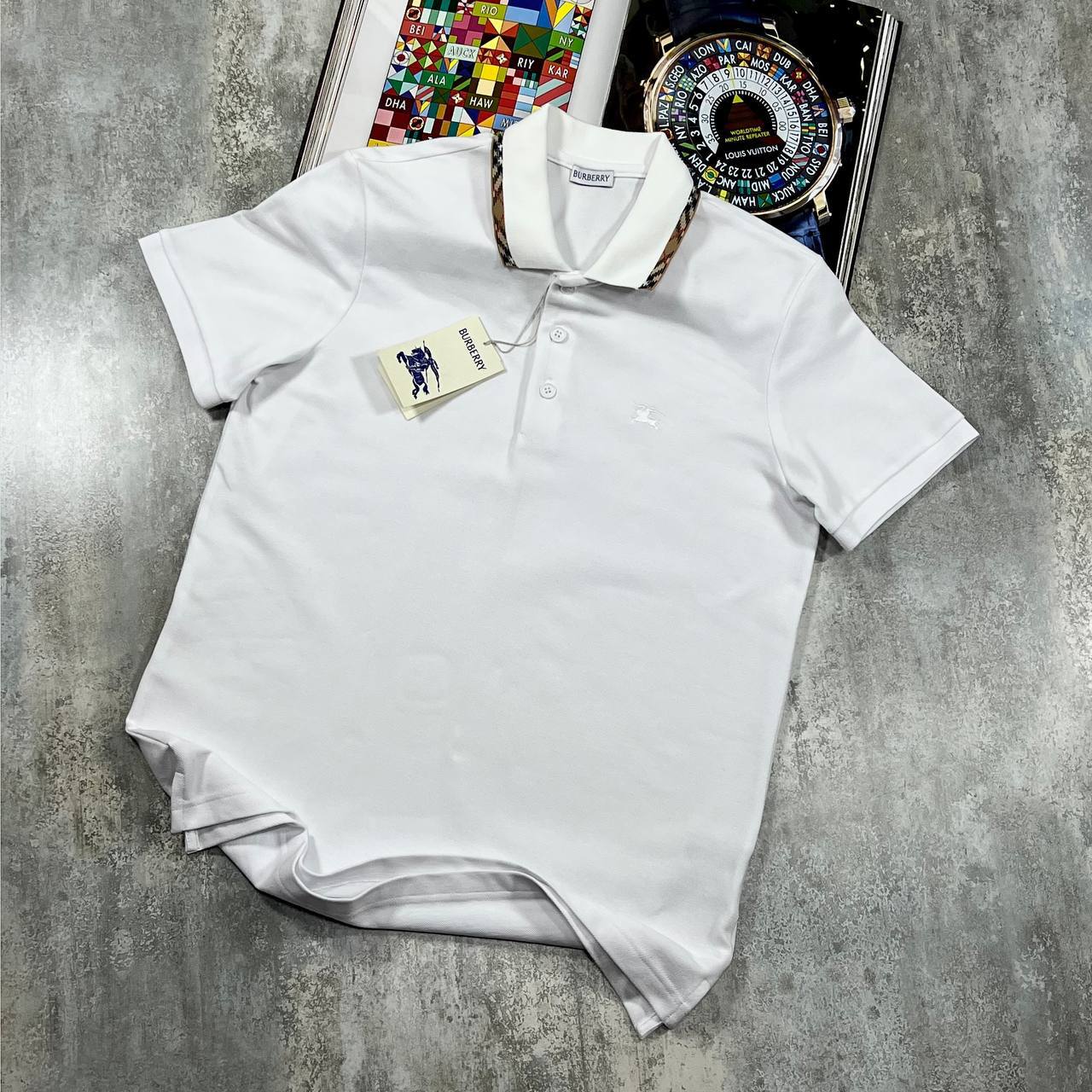 Burberry Check Trim Cotton Piqué Polo Shirt for Men white