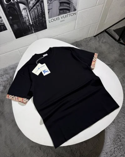 Burberry Ellison AAA Quailty Check Sleeve Cotton T-Shirt black