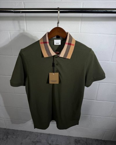 Burberry Men's Check Collar Cotton Polo Shirt Green