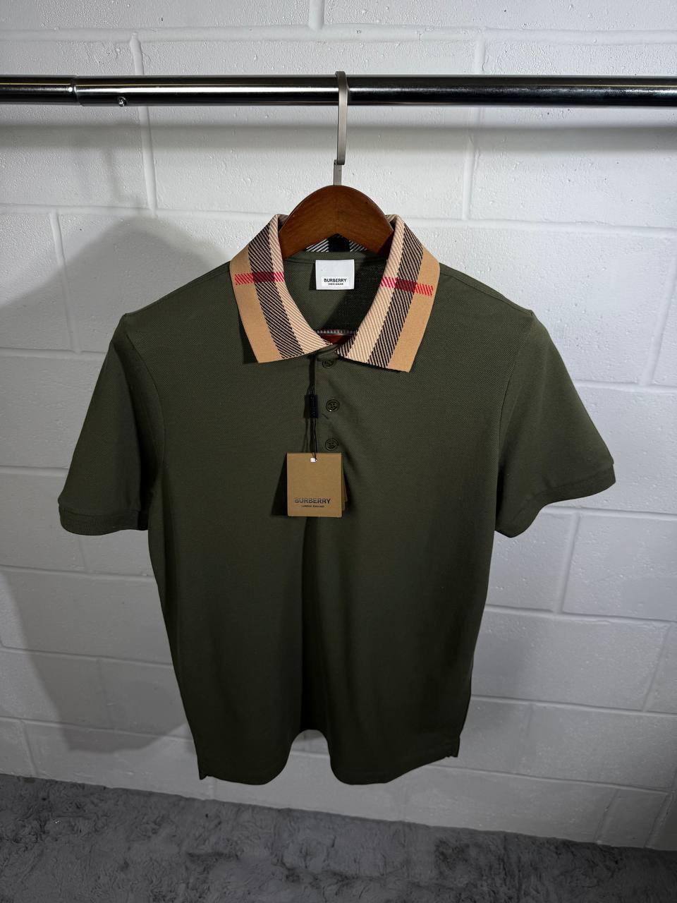 Burberry Men's Check Collar Cotton Polo Shirt Green