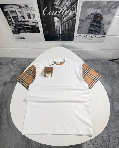 Burberry Vintage AAA Quailty Check Sleeve Cotton T-Shirt white Burberry Vintage AAA Quailty Check Sleeve Cotton T-Shirt white