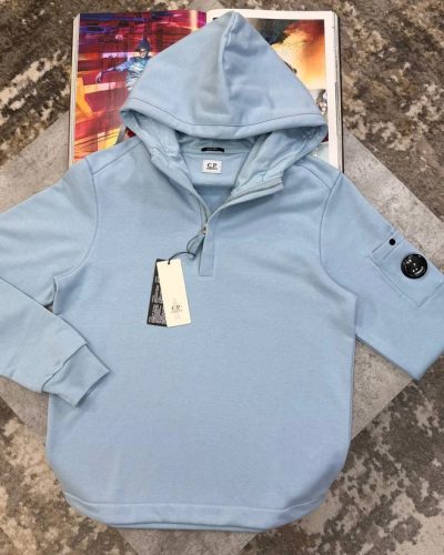 C.P. Company Diagonal Raised Fleece Lens Quarter-Zip Hoodie blue C.P. Company Diagonal Raised Fleece Lens Quarter-Zip Hoodie blue