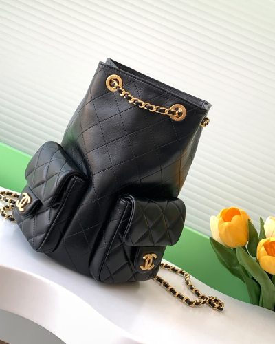 Chanel Black Luxury Fake Backpack in Shiny Lambskin