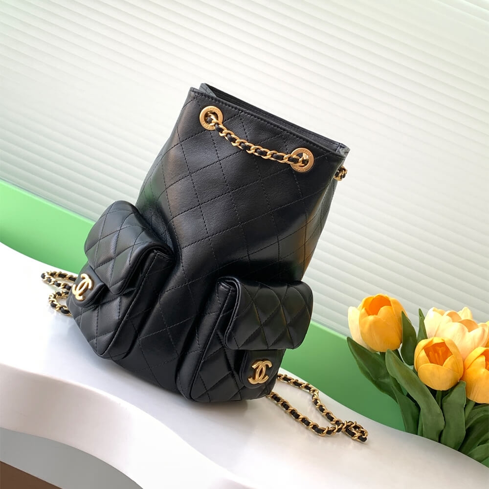 Chanel Black Luxury Fake Backpack in Shiny Lambskin