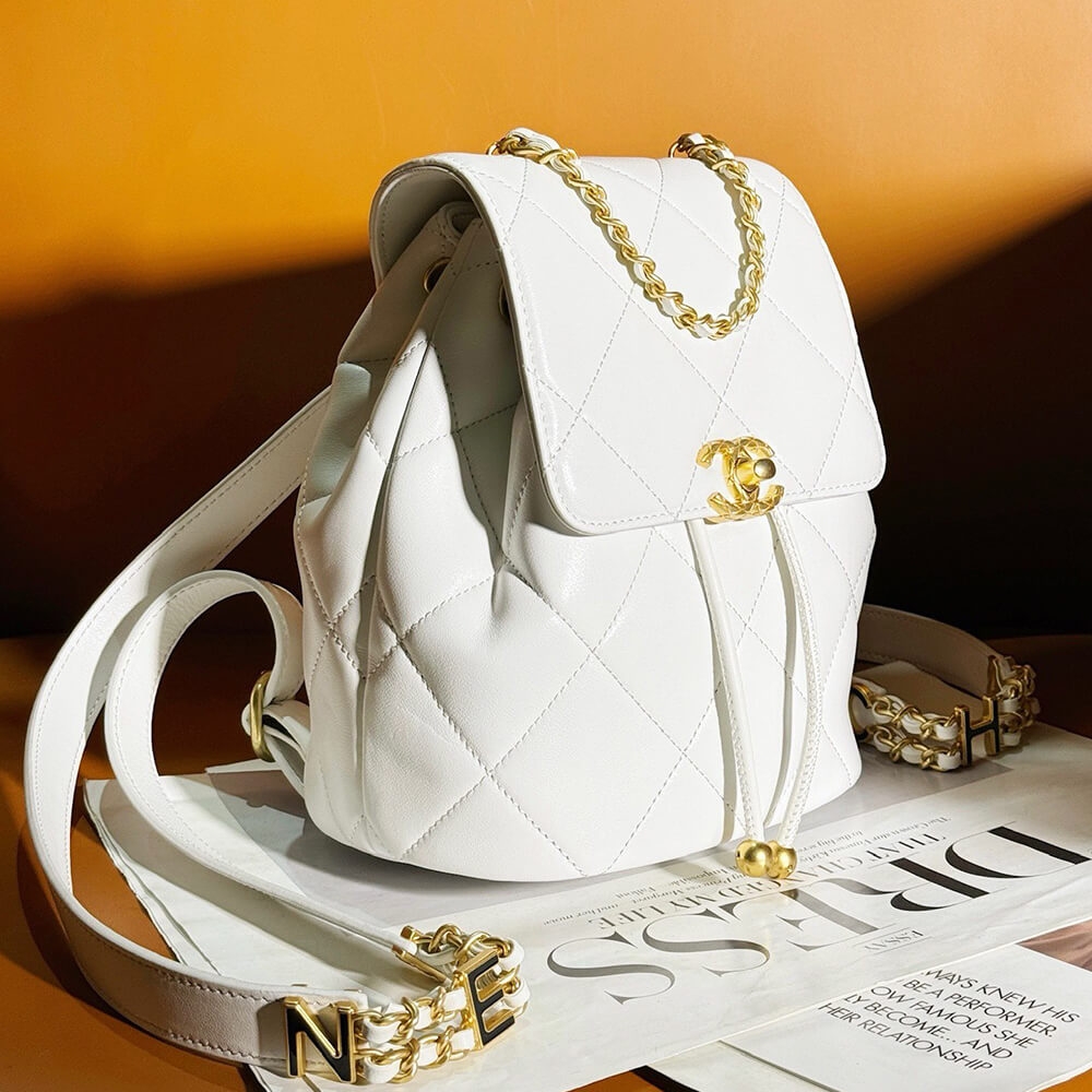 Chanel White Mini Fake Designer Backpack in Lambskin - Image 2