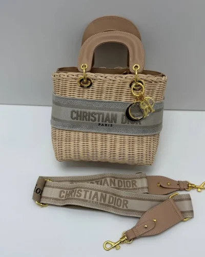 Christian Dior AAA Quailty Lady Dior Wicker Straw and Canvas Handbag