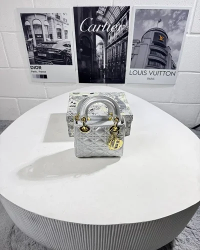 Christian Dior Metallic Cannage Mini Handbag Clone Quailty grey