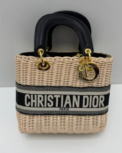 Christian Dior Natural Wicker and Blue Oblique Canvas Handbag