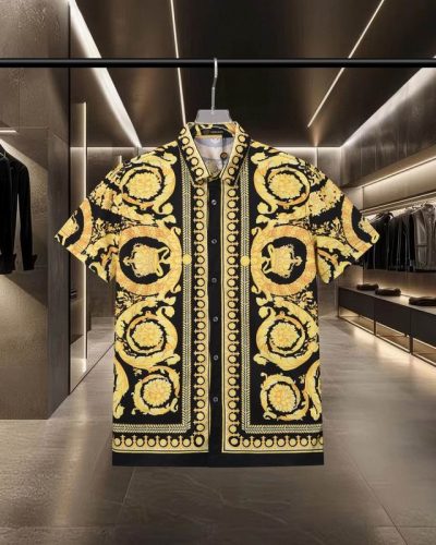 Fake Versace baroque print shirt for men in black and gold front view