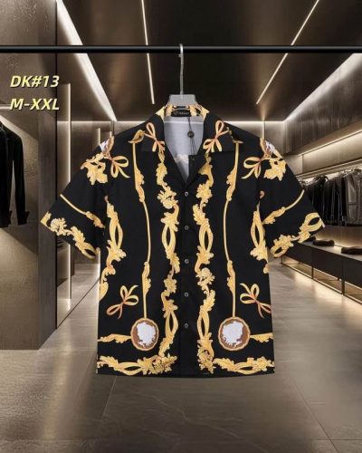 Fake Versace baroque print shirt for men in black and gold front view