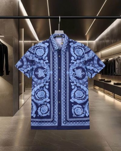 Fake Versace baroque print shirt for men in navy blue front view