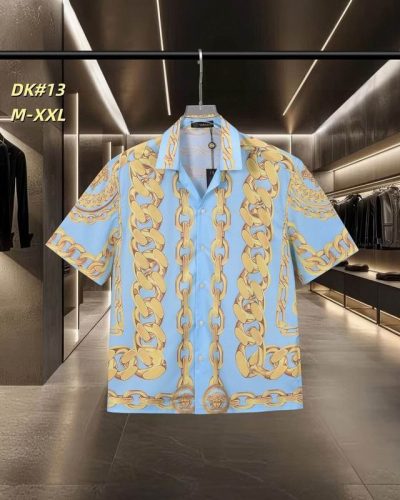 Fake Versace chain print shirt for men in light blue and gold front view