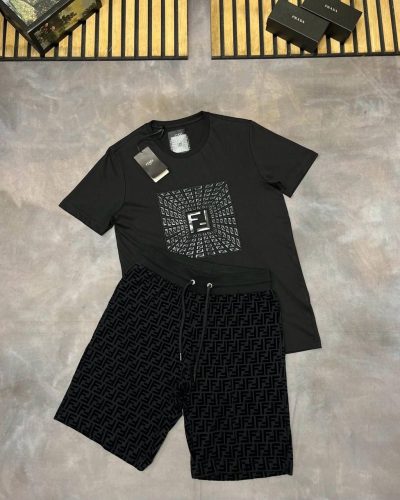 Fendi FF Logo First Copy T-Shirt and Swim Shorts Set – Black