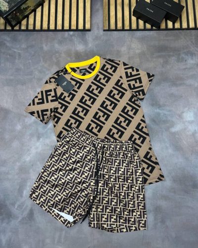 Fendi FF Logo Printed Replica 1-1 T-Shirt and Shorts Set – 2 Shorts Colours