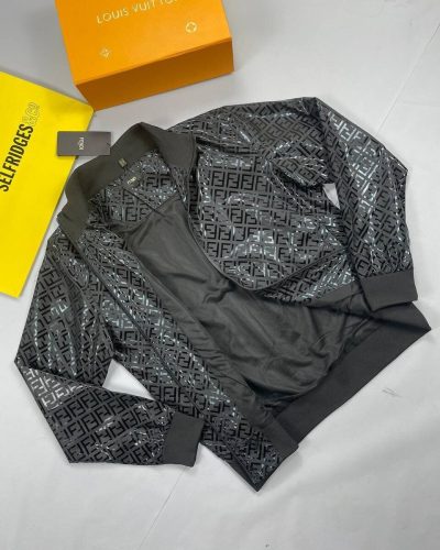 Fendi Oblique Black Cropped Puffer Fake Designer Jacket with Zip Fastening