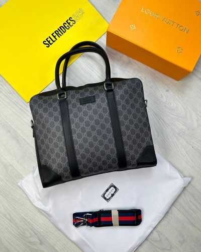 Gucci Men’s GG Monogram Briefcase with Leather Trim black Gucci Men's GG Monogram Briefcase with Leather Trim black