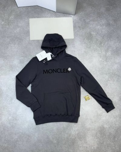 Moncler Embroidered Logo AAA Quality Cotton Hoodie Mens Black