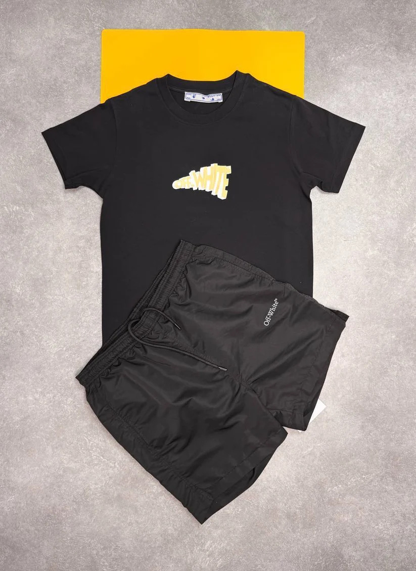 Off-White Cartoon Arrow Slim Tee & Shorts Set AAA Quality black and black