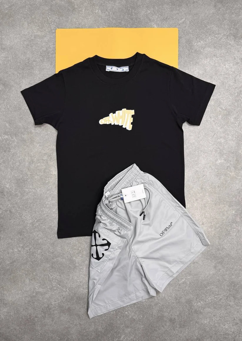 Off-White Cartoon Arrow Slim Tee & Shorts Set AAA Quality grey and black
